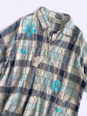 Vintage TanTrums Plaid Button Up Shirt Beaded Floral Patch Cotton Boho